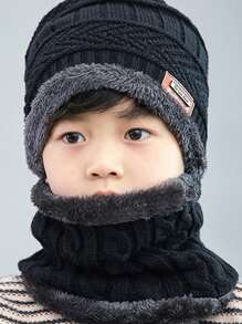 1 件温暖时尚舒适的冬季无檐小帽和围巾套装，适合男孩和女孩在冬季使用。 - 黑色 - 查看 8