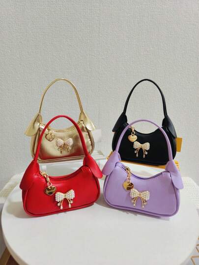 Children Pearl Bow Decoration Handbag, Girls Fashion High-End Gift Shoulder Bag, Princess Mini Wallet Purse