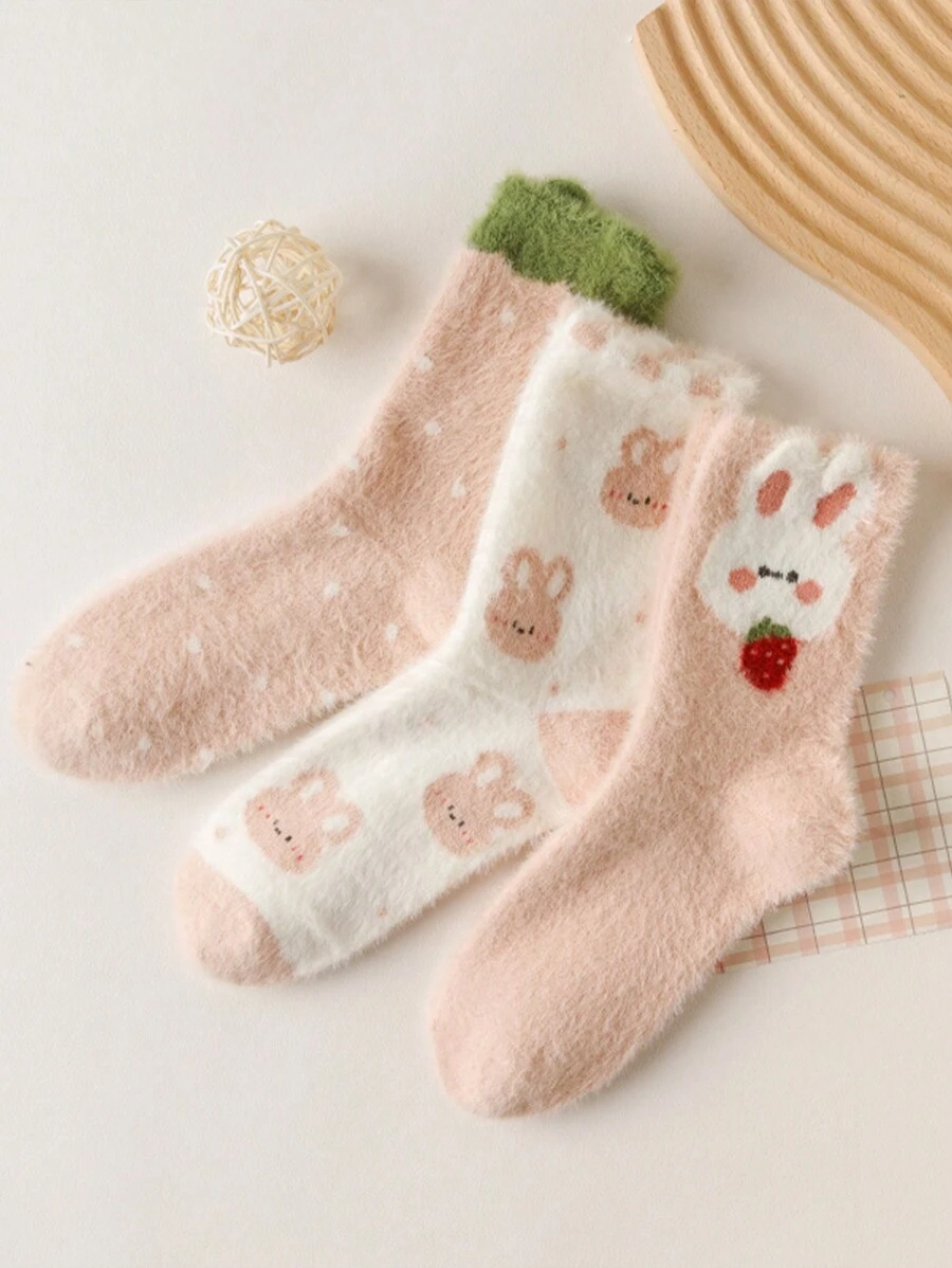 3pairs Women's Fluffy Warm Cartoon Rabbit Pattern Casual Crew Socks - Multicolor - View 1