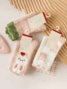 3pairs Women's Fluffy Warm Cartoon Rabbit Pattern Casual Crew Socks - Multicolor - View 2