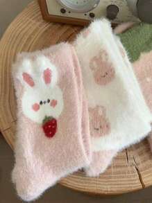 3pairs Women's Fluffy Warm Cartoon Rabbit Pattern Casual Crew Socks - Multicolor - View 3
