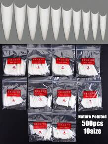 500 piezas/bolsa Puntas de uñas acrílicas de estilo stiletto y ataúd para práctica, cápsulas de uñas artificiales falsas suaves de gel de cobertura completa, herramienta de manicura de uñas postizas