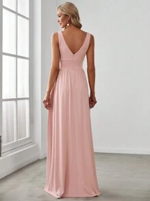 春季V领高腰开衩正式礼服，粉色伴娘礼服，婚礼宾客礼服（女士） - 粉色 - 查看 3