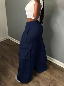 Plus Size Casual Sweatpants, Loose Fit Workwear Style For Daily Commute, Outdoor, Sports, Suitable For Graduation Season, Back To School, All Seasons - Navy Blue - View 1