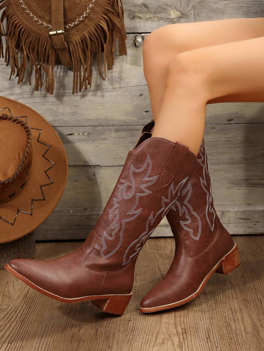 Nuevas botas vaqueras de estilo vintage para otoño/invierno 2024 con bordados, botas vaqueras marrones hasta la rodilla para mujeres - Marrón - Ver 1