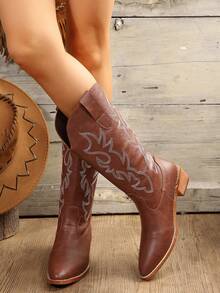 Nuevas botas vaqueras de estilo vintage para otoño/invierno 2024 con bordados, botas vaqueras marrones hasta la rodilla para mujeres - Marrón - Ver 6
