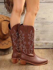 Nuevas botas vaqueras de estilo vintage para otoño/invierno 2024 con bordados, botas vaqueras marrones hasta la rodilla para mujeres - Marrón - Ver 3