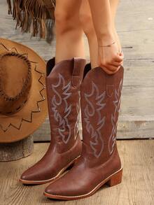 Nuevas botas vaqueras de estilo vintage para otoño/invierno 2024 con bordados, botas vaqueras marrones hasta la rodilla para mujeres - Marrón - Ver 2