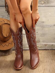 Nuevas botas vaqueras de estilo vintage para otoño/invierno 2024 con bordados, botas vaqueras marrones hasta la rodilla para mujeres - Marrón - Ver 7