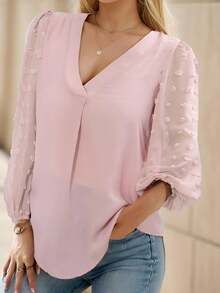 Women's Long Sleeve Top V Neck Pleated Shirts Casual Loose Chiffon Blouse - Hồng - Xem 3