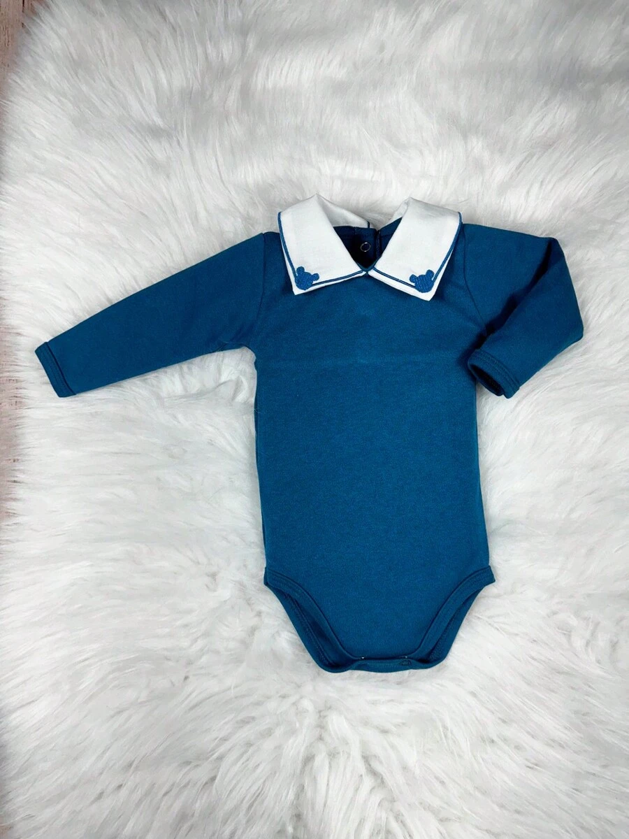 Newborn Baby Boy Bodysuit With Embroidered Collar - 水鴨藍 - 查看 1