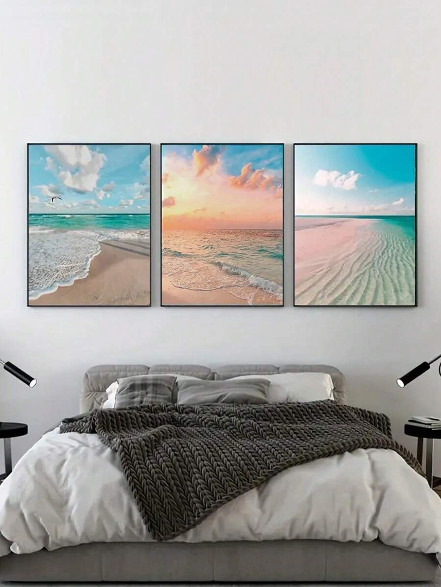 3 piezas de pintura de lienzo de arte moderno con escena de playa en azul, gaviotas y nubes blancas, decoración de pared de dormitorio, sala de estar o pasillo, sin marco - Multicolor - Ver 1