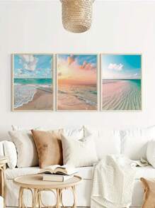3 piezas de pintura de lienzo de arte moderno con escena de playa en azul, gaviotas y nubes blancas, decoración de pared de dormitorio, sala de estar o pasillo, sin marco - Multicolor - Ver 7