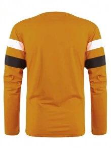 新款男士拼接彩色T恤透气舒适休闲运动健身跑步沙滩度假圆领长袖上衣春秋 - 芥末黃 - 查看 2
