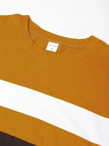 新款男士拼接彩色T恤透气舒适休闲运动健身跑步沙滩度假圆领长袖上衣春秋 - 芥末黃 - 查看 3