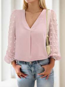 Women's Long Sleeve Top V Neck Pleated Shirts Casual Loose Chiffon Blouse - Hồng - Xem 2