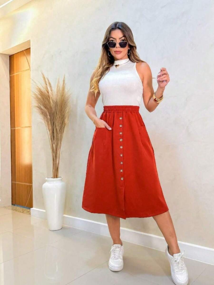 Faminina Tailored Midi Skirt With Fashion Bags And Buttons - Màu Cam cháy - Xem 1