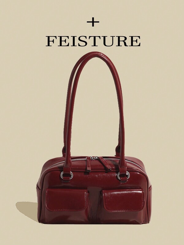 1pc FEISTURE Solid Color PU Multi-Pocket Bowling Handbag For Women, Burgundy Color, Suitable For Shopping, Date, Women's Gift, Teenager, College Student, Beginner And Office Worker, Ideal For Office, College, Work, Commute, Fashionable Burgundy Bag, Perfect Valentine's Day Gift For Her, Best Valentine's Gift Choice Ever Valentines