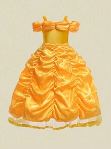 Yellow Satin Spaghetti Strap Princess Dress For Birthday Party, Flower Girl Dress For Wedding, Suitable For Celebration Events (V-Neck Sequin, Not Including Headband)