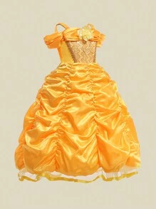 Yellow Satin Spaghetti Strap Princess Dress For Birthday Party, Flower Girl Dress For Wedding, Suitable For Celebration Events (V-Neck Sequin, Not Including Headband)