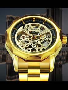 1pc Men Luxury Gold Skeleton Automatic Mechanical Watch Luminous Hands Stainless Steel Strap Business Casual Classic Men Watches Gifts With Box - Vàng - Xem 3