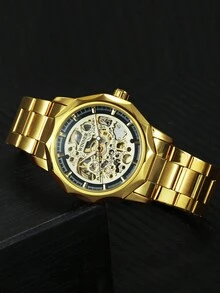 1pc Men Luxury Gold Skeleton Automatic Mechanical Watch Luminous Hands Stainless Steel Strap Business Casual Classic Men Watches Gifts With Box - Vàng - Xem 2