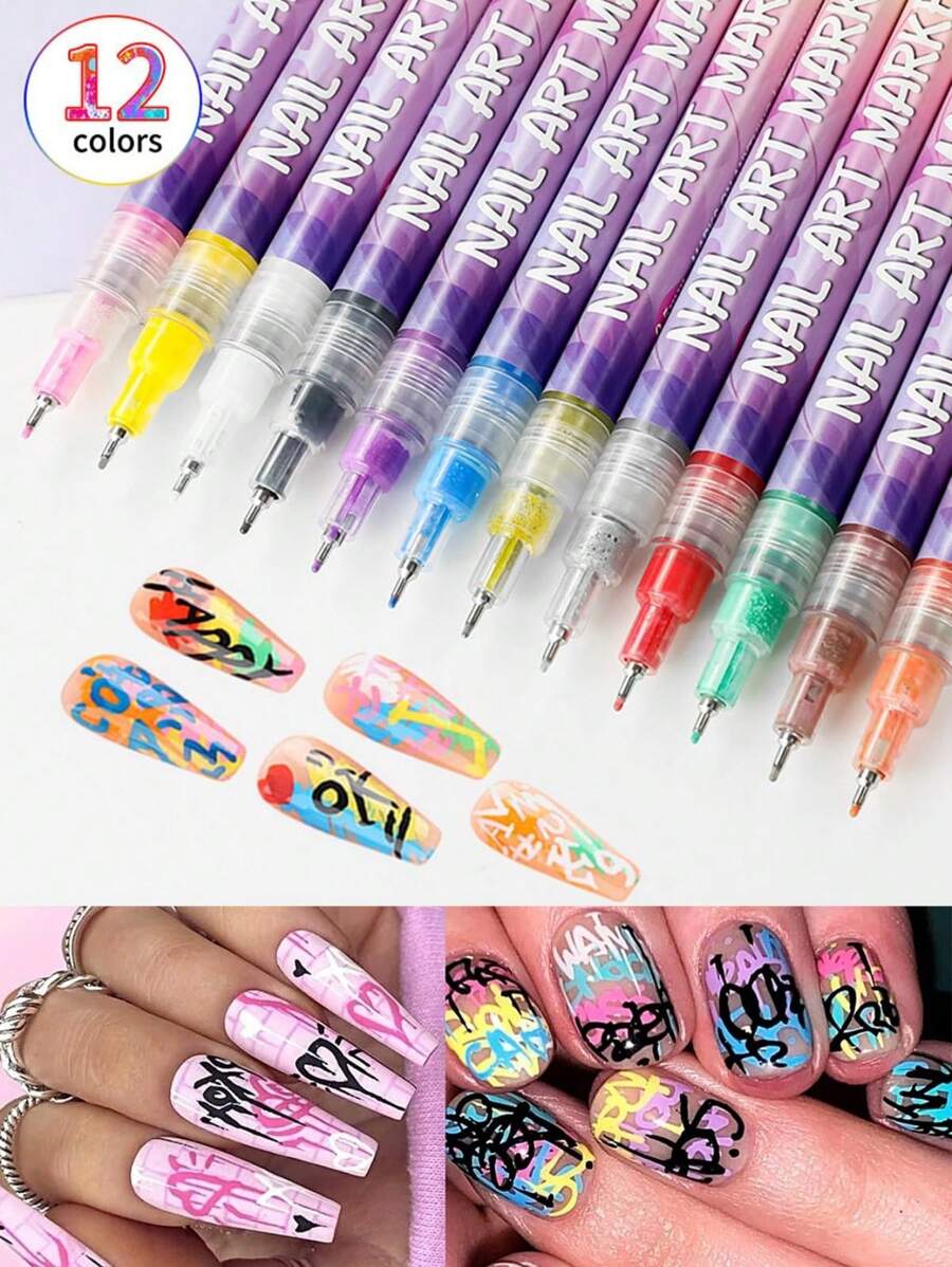 Fine Tips 3D Nail Art Pens, 12 Colors 0.5MM Nail Polish Pens Nail Point Graffiti Dotting Pen Drawing Painting Liner Brush For Home Salon Quickly DIY Nail Art - Multicolor - View 1