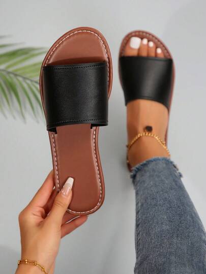 รองเท้าแตะลำลองแบบแบนสำหรับผู้หญิง, รองเท้าแตะ ปลายกลม ปลายเปิด ใส่เดินชายหาด