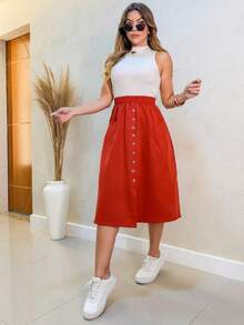 Faminina Tailored Midi Skirt With Fashion Bags And Buttons - Màu Cam cháy - Xem 2