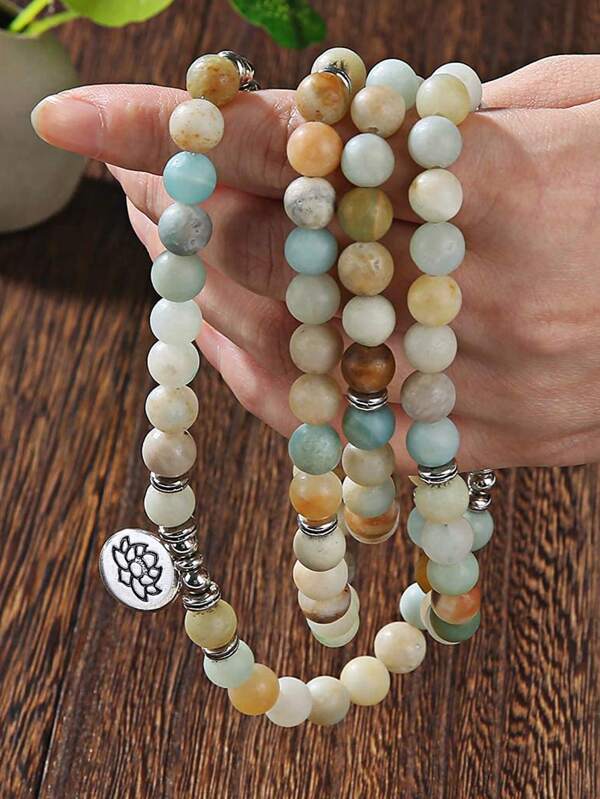 1pc 108 Mala Reiki Stone Yoga Meditation Beads Stretch Bracelet Handmade Stackable Genuine Gemstone 8mm Round Amazonite Beads Bracelet For Women Men Prayer Jewelry Gift