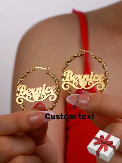 Customized 40mm Hoop Earrings With Name, Heart, Letter, Twist Design, Stainless Steel, Fashion Jewelry Gift For Women