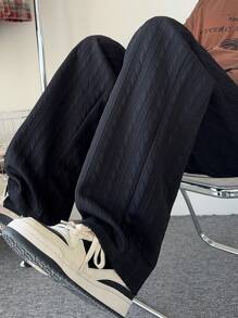 Men's Casual Loose Striped Diamond Plaid Straight Leg Pants - Black - View 3