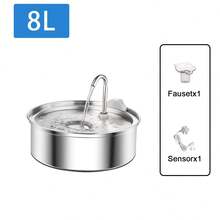 8L 不锈钢自动狗饮水器，水龙头配置，多重过滤，超静音泵，带过载保护，洗碗机安全设计宠物饮水机，适用于猫、狗、多种宠物 - 灰色 - 查看 14