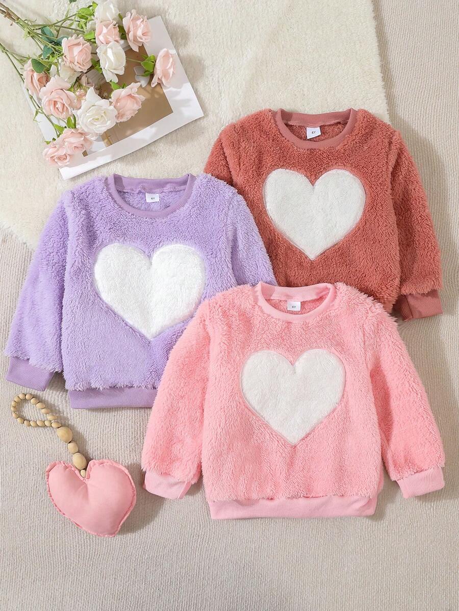 3 件套年轻女孩羊毛心形刺绣加绒加厚运动衫，秋冬季保暖厚圆领套头衫 - 彩色 - 查看 1