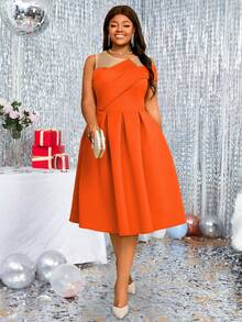 Vestido naranja de línea A con cuello redondo, volantes y contraste de malla para tallas grandes - Naranja - Ver 3