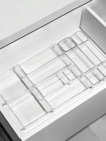 1pc/7pcs/11pcs/18pcs Transparent Tray/Storage Box Set, 7 Assorted Sizes, Multi-Purpose Organizer For Cosmetics, Small Tools, Tableware, Suitable For Vanity, Kitchen, Office Drawer, Bedroom, Versatile For Various Scenarios