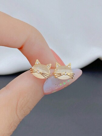 1pair Cute Cat Ear Stud Earrings, Suitable For Girls