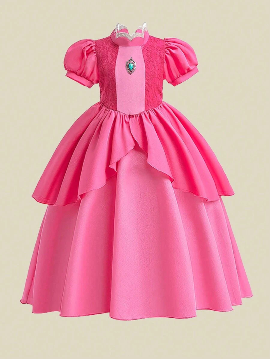 Young Girls' Puff Sleeve Lace Satin Elegant School Performance & Party Dress - Hot Pink - View 1