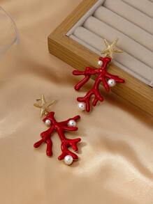 1 Pair Exaggerated Starfish & Coral Enamel Dangle Earrings - Yellow Gold - View 2