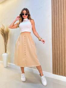 Faminina Tailored Midi Skirt With Fashion Bags And Buttons - 米色 - 查看 1