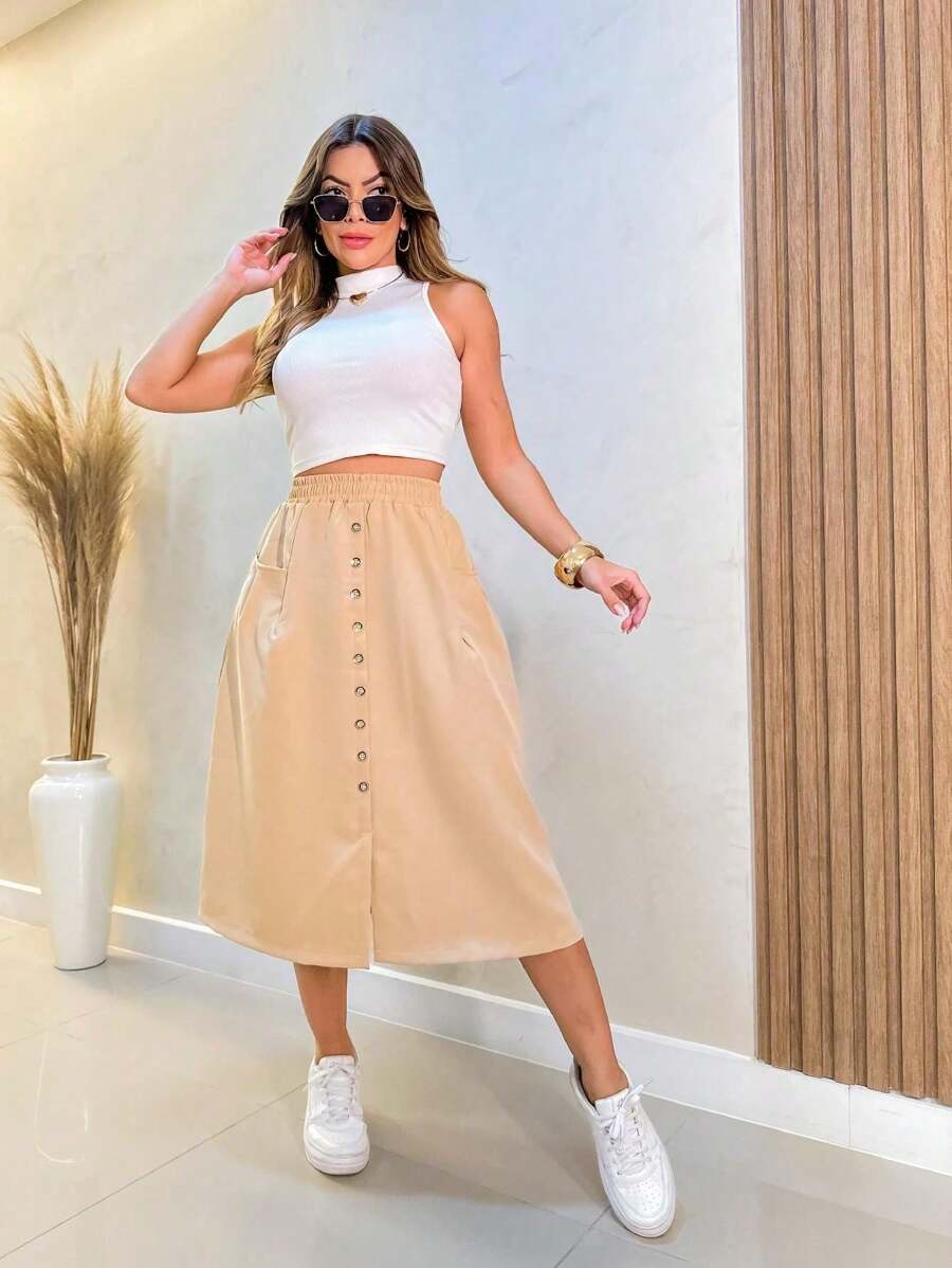 Faminina Tailored Midi Skirt With Fashion Bags And Buttons - 米色 - 查看 1