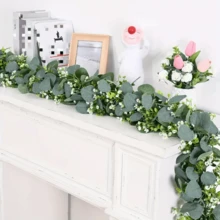 Guirnalda artificial de eucalipto con flores, vid de follaje de 1,80 m para decoración interior y exterior, perfecta para mejores deseos, hogar, boda, decoración de fiesta - Planta de plástico duradero - Verde - Ver 6
