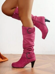 Round Toe Chunky Heel Mid-Calf Boots With Side Zipper, Women High Heel Riding Boots For Fall Winter, Fashionable Versatile - Hot Pink - View 4