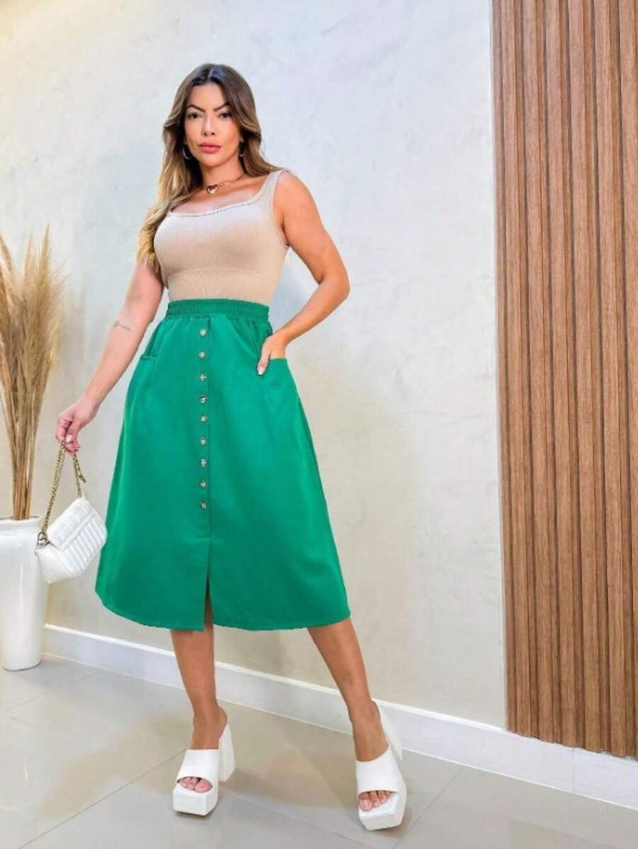 Faminina Tailored Midi Skirt With Fashion Bags And Buttons - 綠色 - 查看 1