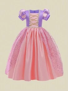 Young Girl Short Sleeve Princess Dress For School Stage Events, Suitable For Birthday, Wedding, Party, Excluding Headband