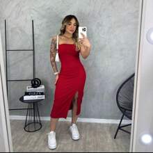 Women's Slit Midi Dress - Red - View 1