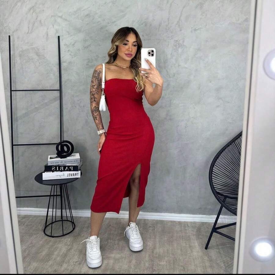 Women's Slit Midi Dress - Red - View 1