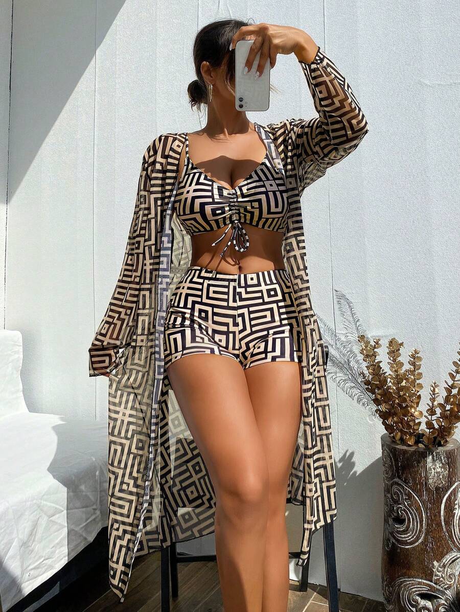 2024 New 3-Piece Women Beach Vacation Pool Party Bikini Set - European And American Fashion Colorblock Digital Print Style, Comfortable Stretchy Polyester Fabric, Front Ruched Bust Bikini Top, Anti-Exposure Swim Shorts, Paired With Elegant Semi-Sheer Kimono Robe, Comfortable, Stylish & Fashionable - Your Best Choice Summer