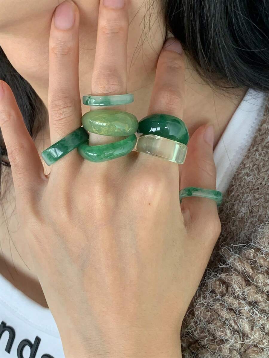 CHOSHILAR 7pcs/Set Asymmetrical Oversized Tie-Dye Green Hollow Band Rings Set, Women Fashion Daily Party Vacation Wear, Suitable For Middle East Gift
