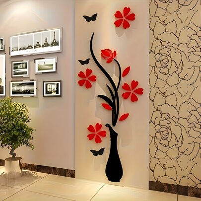1 set Papel pintado de pared mural de jarrón 3D creativo, adhesivo de pared decorativo con enredadera floral para sala de estar, dormitorio, sofá, fondo de TV